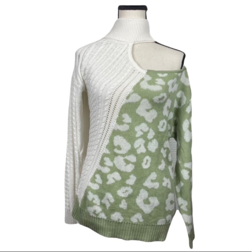 White and green Leopard Print Sweater